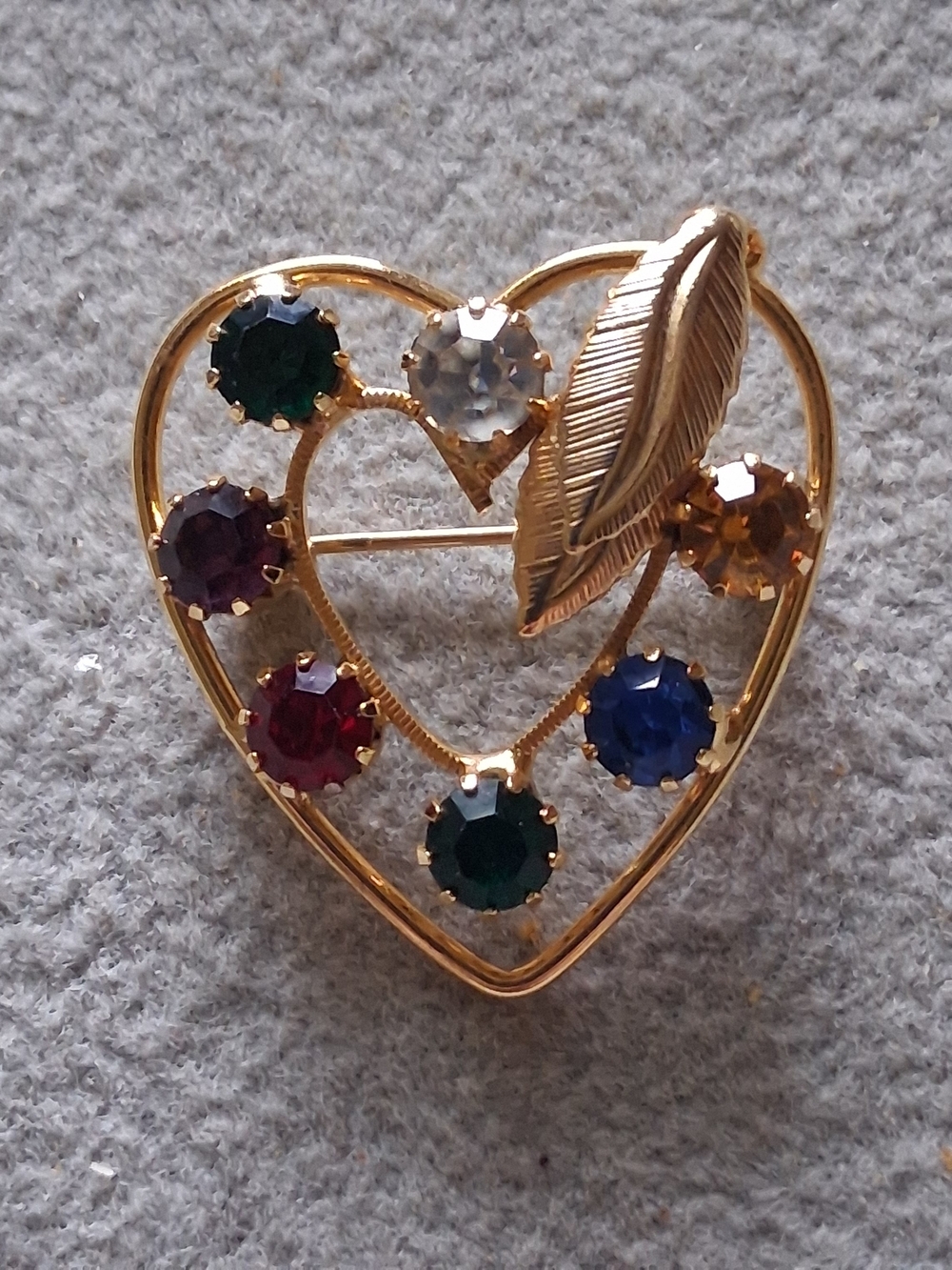 Gold Heart Multistone Brooch with Leaf Accent - Gold